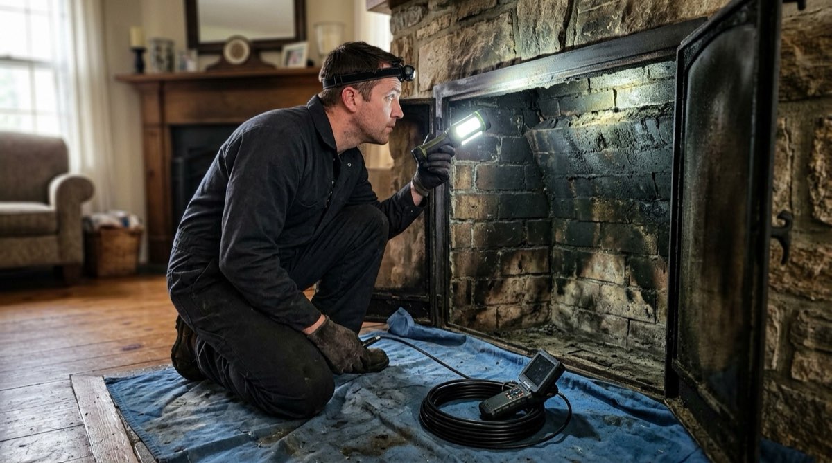 Camera inspection of the flue and smoke chamber from the firebox